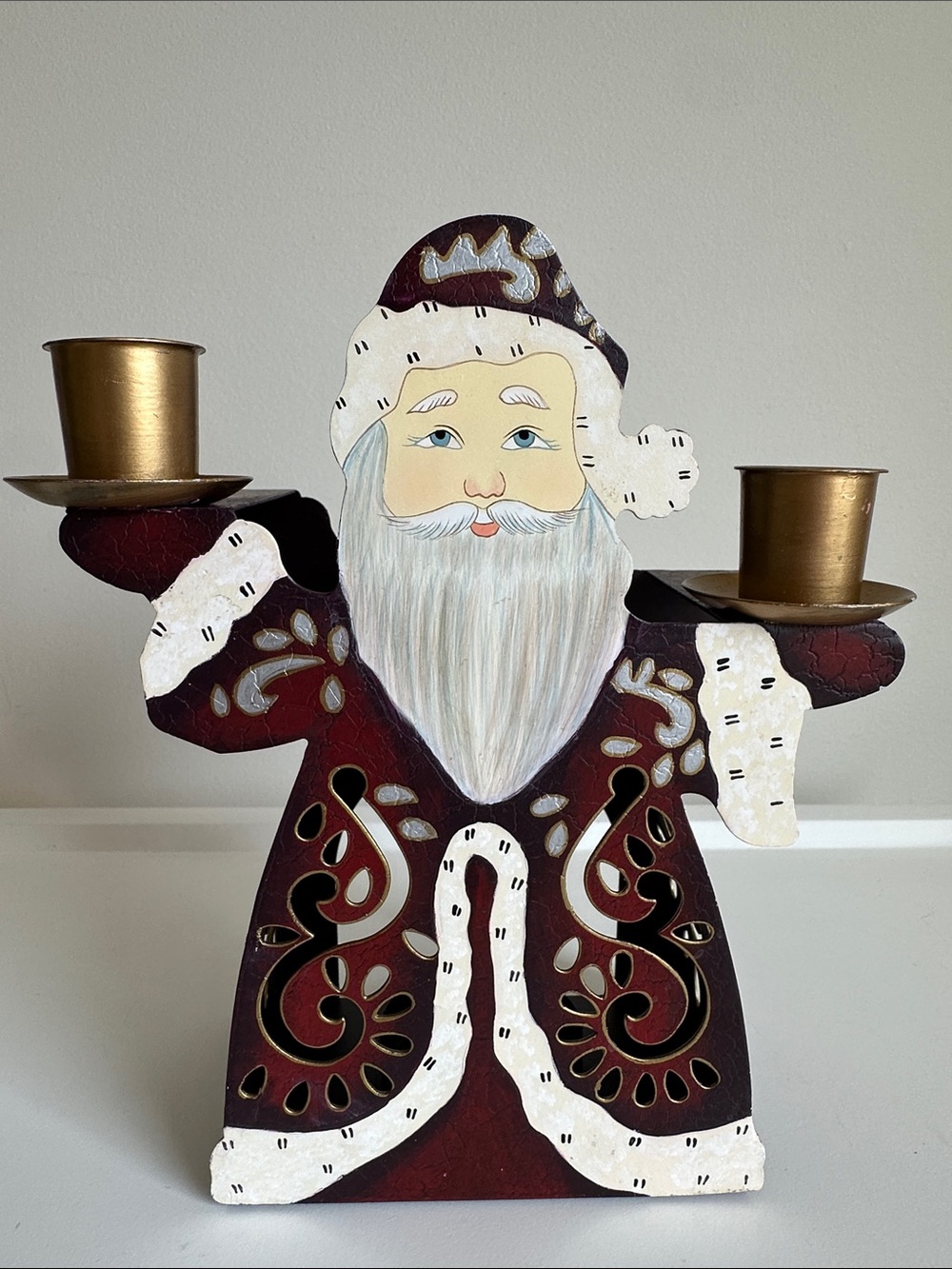 Partylite Old St Nick Candle Tealight Holder Christmas Santa Burgundy Red Gold